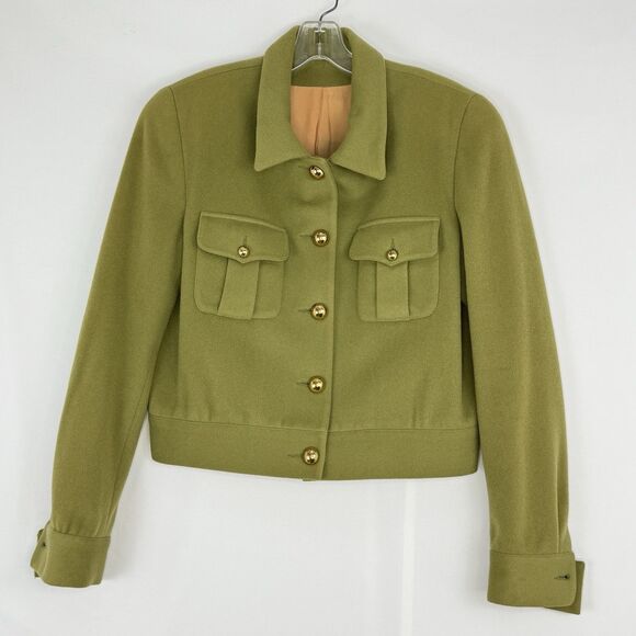 Vintage Olive Green Wool Blend Cropped Jacket Women’s Sz 8 Gold Button Military - Picture 1 of 16